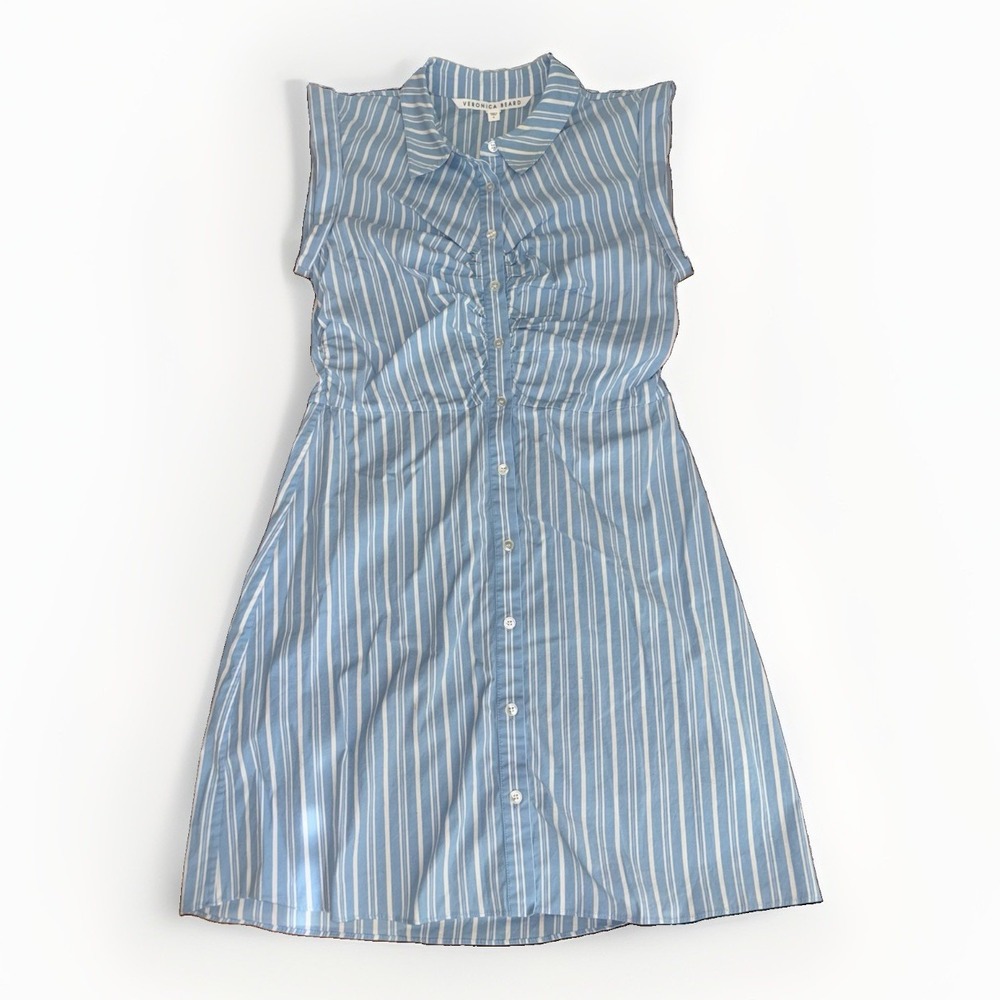 Veronica Beard Ferris Ruched Blue & White Striped Dress Stretch Cotton Size: 8 - Picture 2 of 9